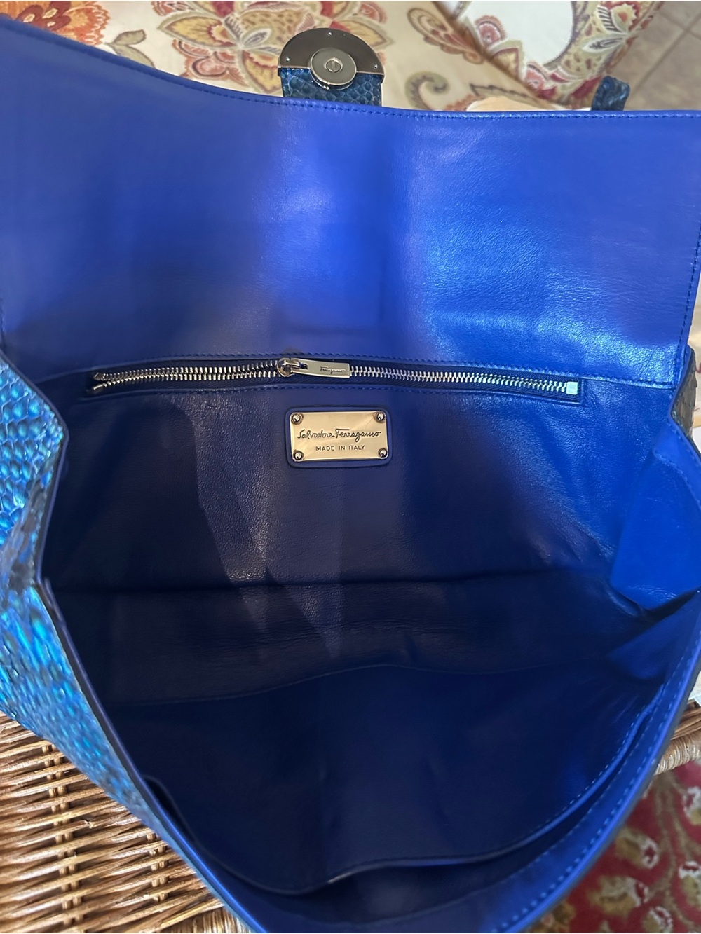 SALVATORE FERRAGAMO Exotic Blue Python Leather Clutch w/Gancini Motif Front Flap - Picture 8 of 9